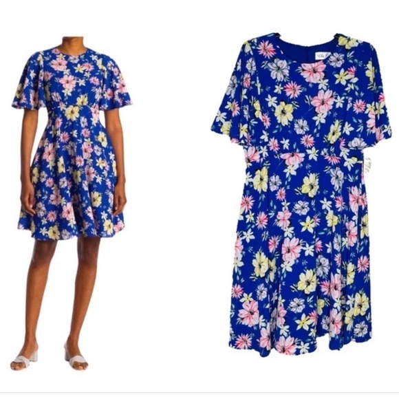 Eliza J womens dress size 8 floral blue bridesmaid wedding flutter new fit flare - Picture 1 of 16